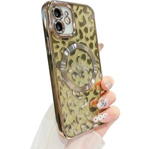 for iPhone 11 Case Magnetic,Soft Cute Luxury Leopard Cheetah Pattern Plating Glitter Bling Phone Case Compatible with MagSafe Clear Shockproof Back Cover for Women Girl 6.1"-Gold