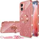 nancheng for (6.5-inch) Motorola Moto G Play 2024 Phone Case Girls Women Cute Glitter Luxury Soft Silicone Clear Case with Ring Stand Strap Lanyard Shockproof Protection Cover - Rose Gold
