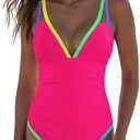 popvil Women's One Piece 2025 Tummy Control Swimsuits Neon Color Block Swimwear Deep V Neck Slimming Bathing Suit M
