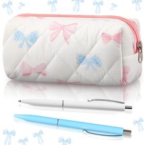 Sherr Coquette Bow Pencil Case Pink Blue Bow Cute Pencil Pouch Soft Cotton Storage Bag Aesthetic Pattern Gift Makeup Pouch Cosmetic Bag for Women Adults