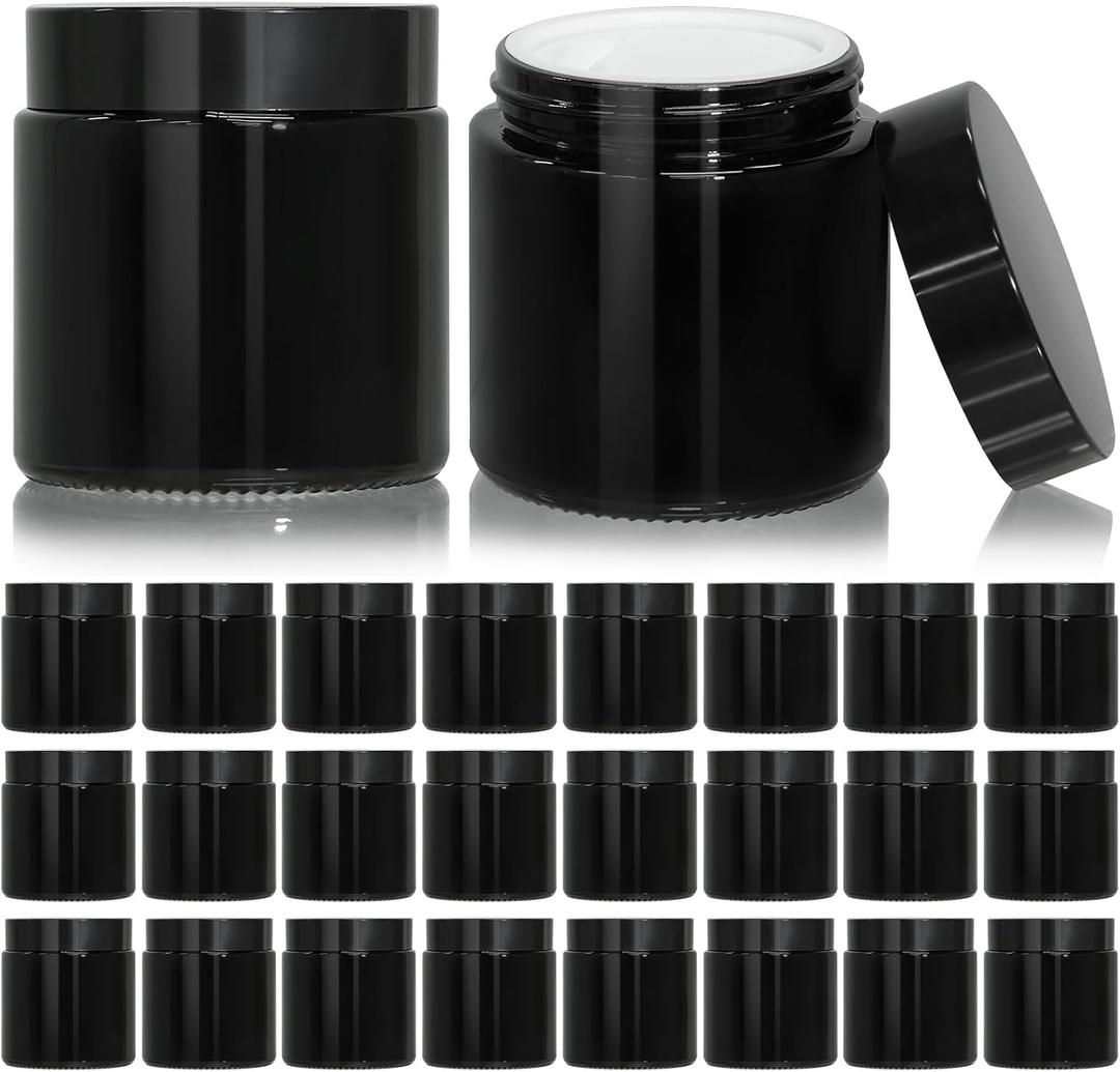 KEYWING 4oz Black Small Glass Jars with Lids, 24 Pack Lotion Containers Round Glass Jar with Inner Liners for Cream, Powders and Ointments