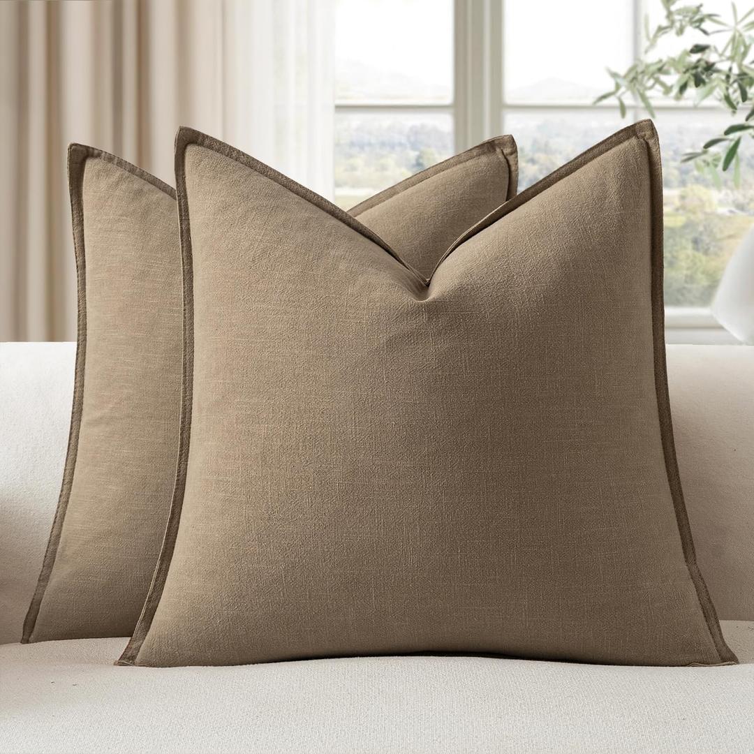 EMEMA Decorative Linen Throw Pillow Covers 22x22 Inch Curry Boho Farmhouse Neutral Couch Throw Pillows for Bed Pack of 2 Accent Pillowcase Modern Sofa Cushion Livingroom Home