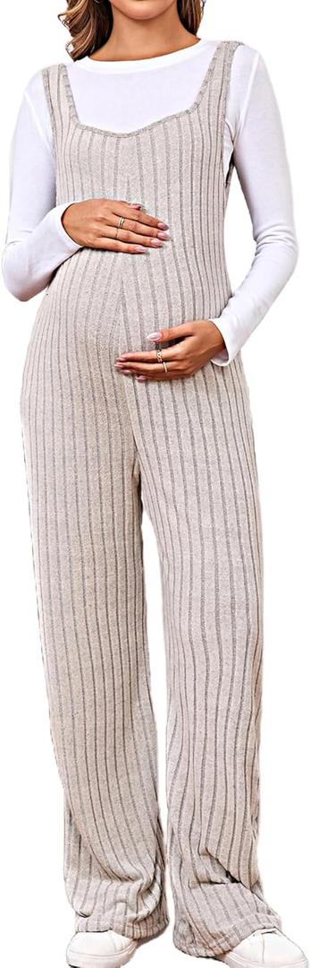MakeMeChic Women's Maternity Jumpsuits Sleeveless Rib Knitted Straight Leg Overalls Romper (Medium, Apricot)