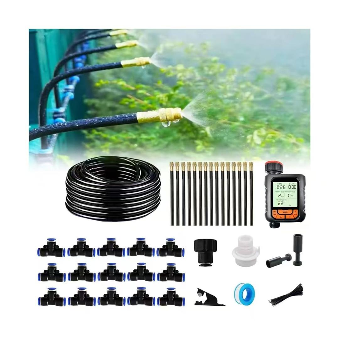 New drip irrigation kit, automatic garden watering system, quick connector and 360-degree bending dropper atomizing copper nozzle, garden plant lawn courtyard watering system. (15 Spray nozzles Timer)