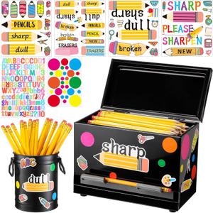 Mifoci 8 Pcs Pencil Dispenser Kit for Classroom Stainless Steel Straw Dispenser for Pencils Metal Pen Holder Letter Sticker Bulk Teachers Classroom Supplies Storage(Black)