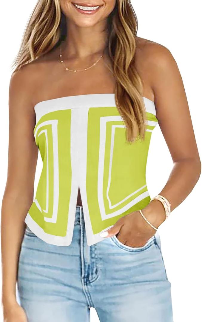 Saodimallsu Womens Strapless Crop Tube Tops Sexy Sleeveless Knit Summer Trendy Color Block Asymmetrical Y2k Bandeau Top (Medium, Green)