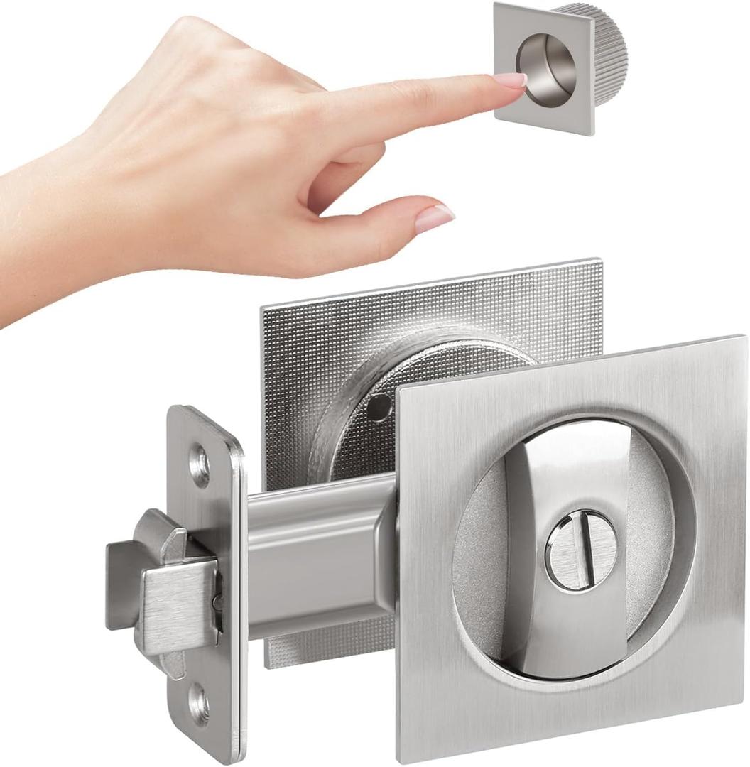 Brushed Nickel Privacy Pocket Door Hardware, 2 3/8" Backset, Zinc Alloy Heavy Duty Square Pocket Door Lock Silver, Solid Pocket Door Handle(1 Pack)