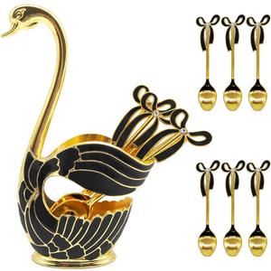 Flylin Coffee Spoon Holder Coffee Dessert Spoon Set Metal Swan Base Holder Spoon Organizer with 6pcs Ice Cream Spoons Teaspoons Coffee Dessert Flatware(Black)