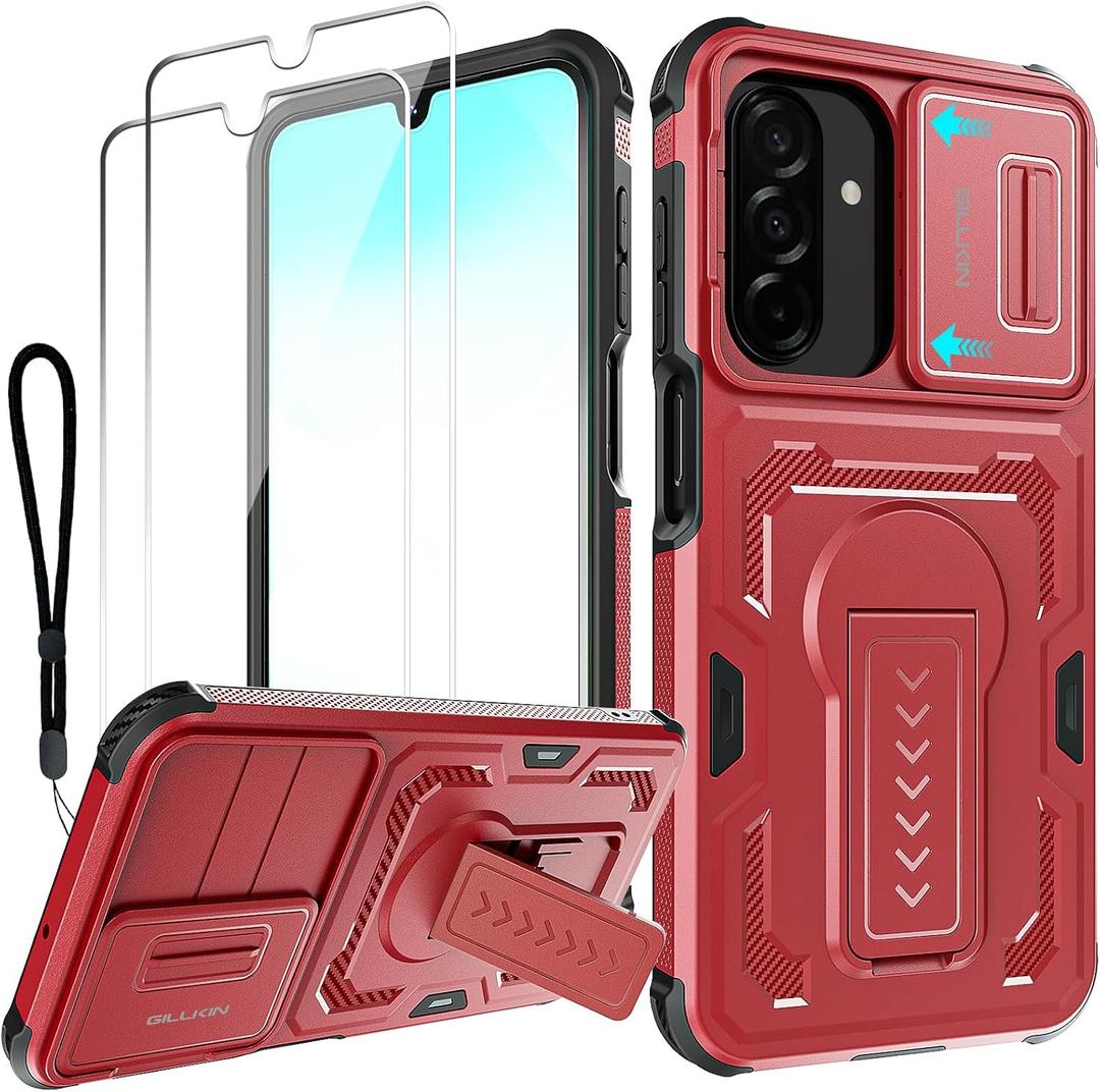 for Samsung Galaxy A16/A17/A26-5G Phone Case with HD Screen Protector(2 Packs)+Slide Camera Cover,Military-Grade Heavy-Duty Shockproof Phone Case with Built-in Folding Kickstand+Lanyard, Red