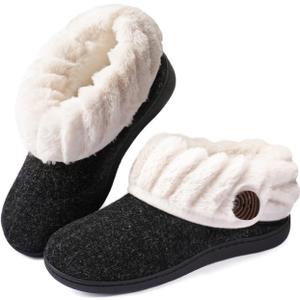Wishcotton Women's Wool Cozy Memory Foam Winter Slippers Indoor Outdoor with Fuzzy Faux Fur Collar (8, Black)