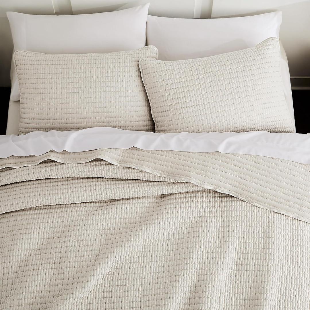 WDCOZY Beige Pick Stitch King Size Quilt Set, Striped Lightweight Soft Summer Spring Bedspread, Bamboo Linen Like Textured Coverlet, Chambray Farmhouse Country Rustic Bedding, Neutral Thin Comforter
