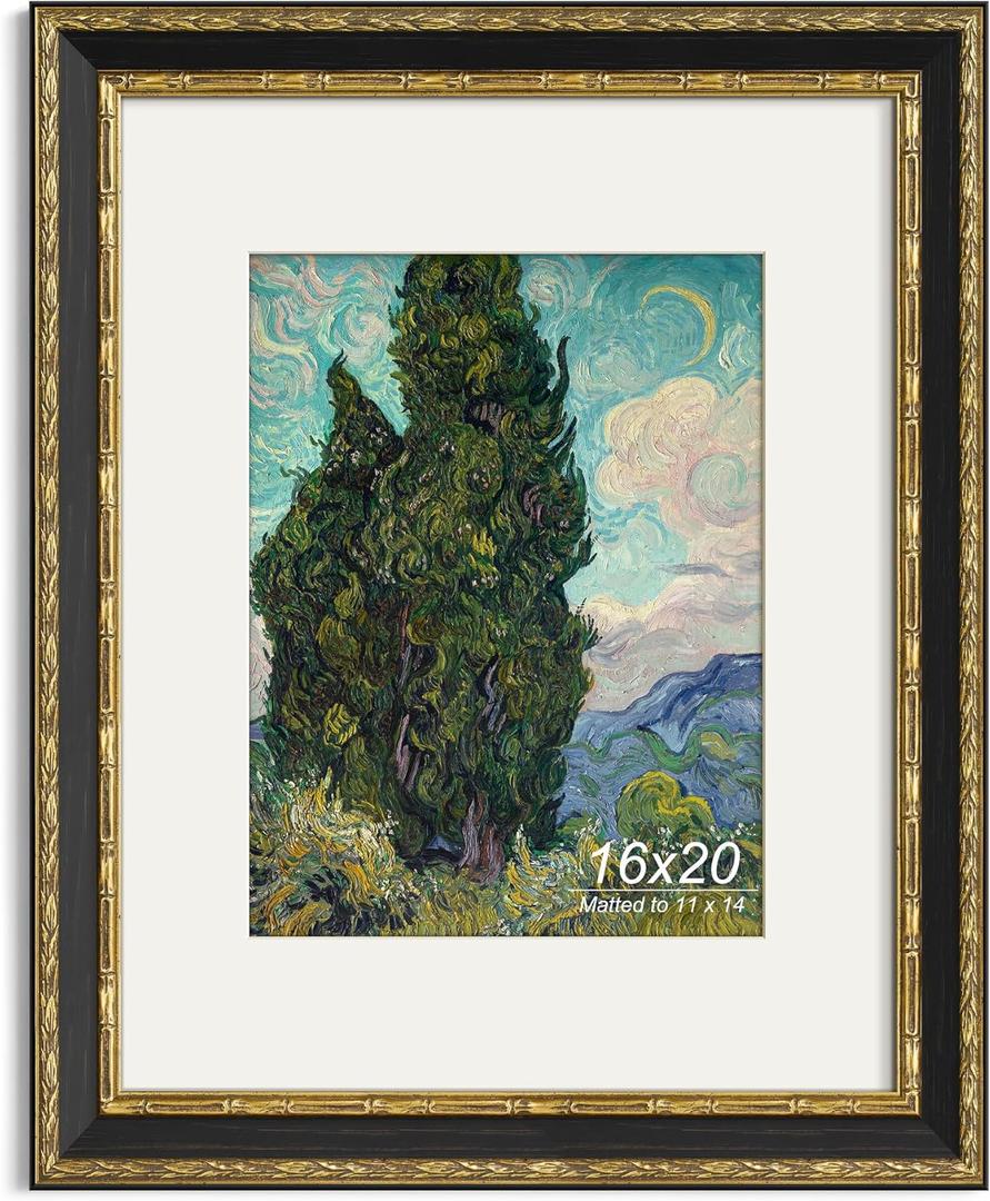 Yaetm 16x20 Vintage Picture Frame, Ornate Antique Gold 16x20 Frame for Wall, White Mat for 11x14 Photos, 1.4-inch Wide Molding - Portrait or Landscape - Wall Mount for Home (Black/Gold, Single)