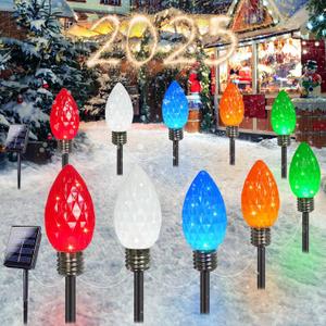 IDEAALS 10 Pack Jumbo Multicolor Solar C9 Christmas Lights OutdoorLED Solar Pathway Lights Waterproof, Strawberry Lights Christmas Decorations Outdoor for Walkway Party Patio Garden Lawn Yard Decor