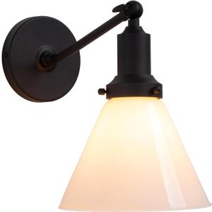 PERMO Industrial Vintage Slope Pole Wall Mount Single Sconce with Funnel Flared Milk White Glass Shade Wall Sconce Light Lamp Fixture Matte Black