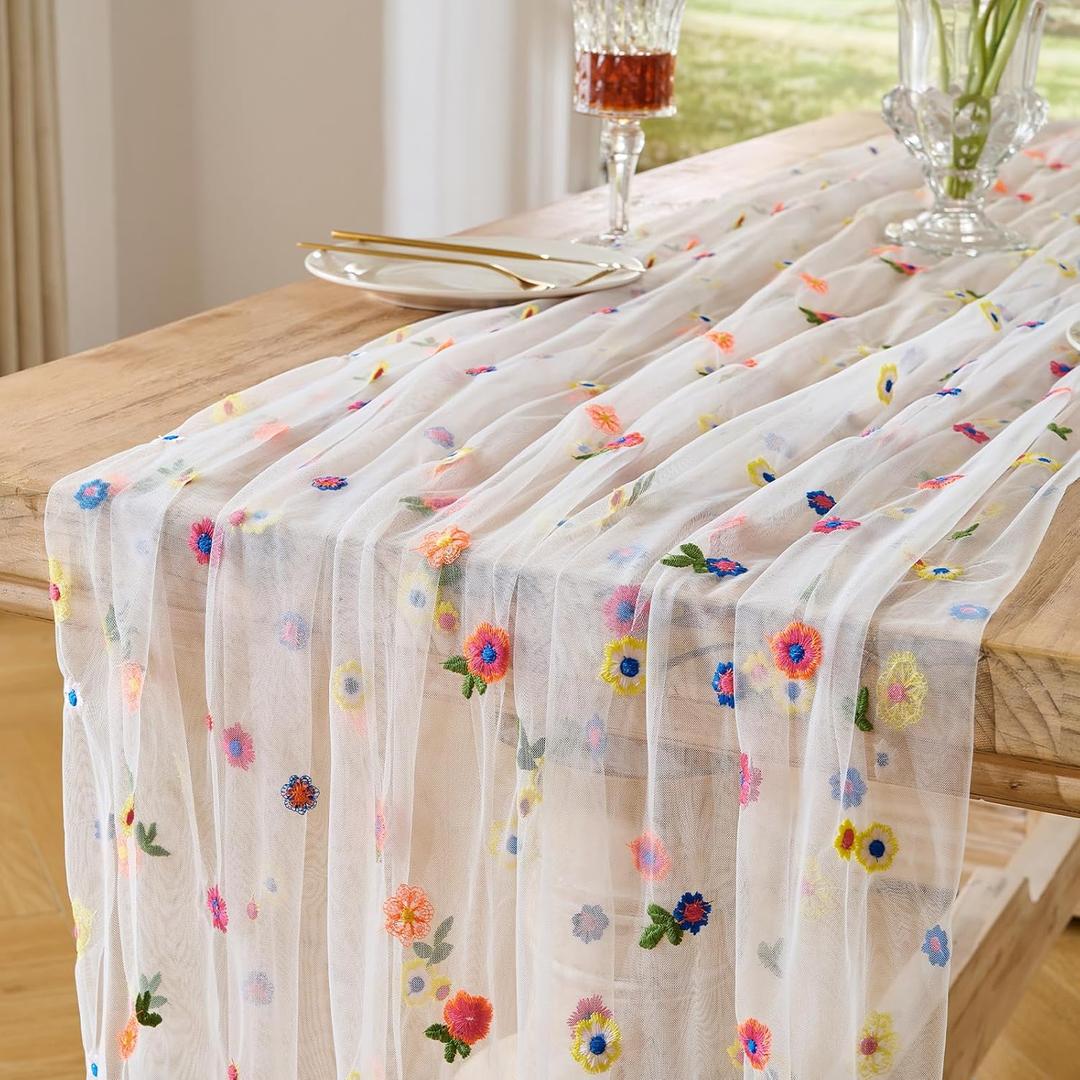 BINBE 6pcs Ivory Daisy Spring Table Runner Embroidery Gauze 10FT Florals Seasonal Tulle Holiday Birthday Kitchen Dining Table Decor for Home Party