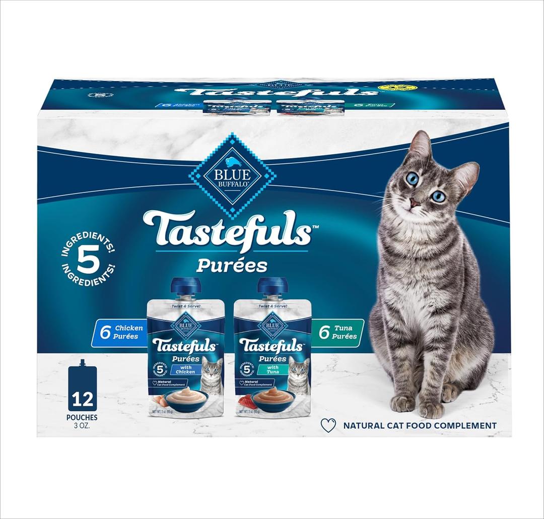 Blue Buffalo Tastefuls Pures Variety Pack, Natural Cat Food Complement, Resealable Twist Cap Pouches, Chicken and Tuna, 3-oz (12 Count, 6 of Each Flavor), BBD AUG 07/2026
