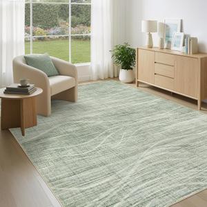 WITSHOCK 6x9 Living Room Rug Washable Area Rug Modern Abstract Rugs Non Slip Indoor Carpet for Bedroom Dining Room Nursery Kitchen Office Home Decor Stain Resistant Soft Wave Striped Rug, Green