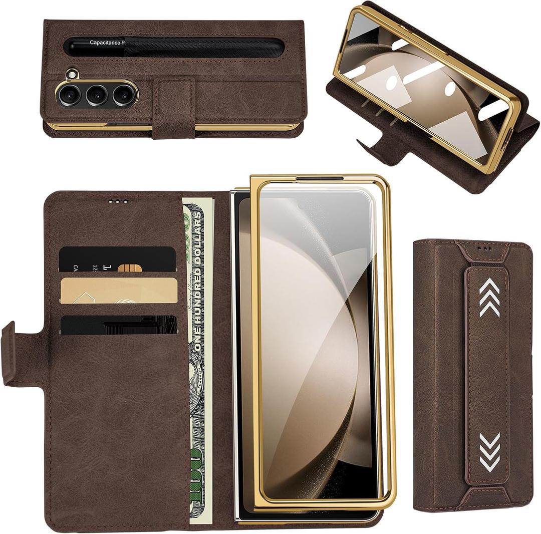 for Samsung Galaxy Z Fold 5 Case with S Pen Holder, Card and Cash Slots, HD Tempered Glass Screen Protector, Premium Leather, Magnetic Closure, Kickstand & Wrist Strap (Coffee)
