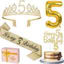 5th Birthday Decorations for Girls, Including Sash and Tiara, 5 Candles and Cake Toppers, Number 5 Balloon Gold, 5th Birthday Gifts for Girls (Gold)