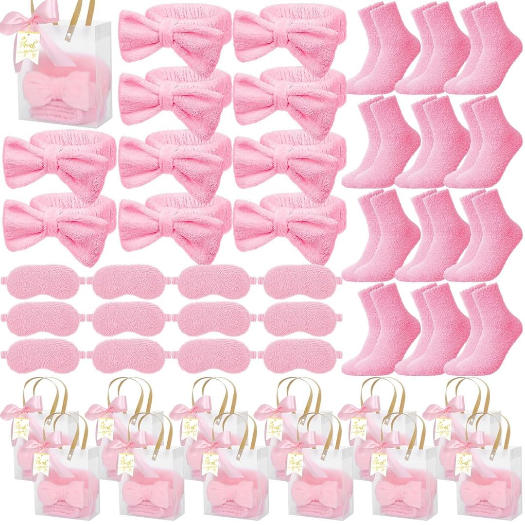 Chicingyou 48 Pcs Spa Sleepover Party Supplies 12 Bow Headband 12 Plush Sleep Eye Mask Covers 12 Pair Fuzzy Sock 12 Gift Bags for Sleeping Sleepover Slumber Bridesmaid Pajama Party Gift(Pink)