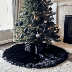 AISENO 30 Inch Christmas Tree Skirt - Black Faux Fur Plush Holiday Decor for Xmas Tree, Festive Party, Home Decorations