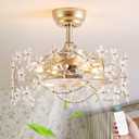 20" Gold Fandelier Ceiling Fan with Light, Flower Crystal Chandelier Ceiling Fan with Light and Remote Control, Modern Caged Enclosed 6 Speeds for Girl's Bedroom, Nursery, Living Room