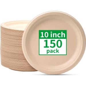 RACETOP Compostable Paper Plates 10 Inch [150 Pack], Disposable Biodegradable Heavy Duty Paper Plates, Made of Natural Sugarcane Fibers, Unbleached Brown, Round