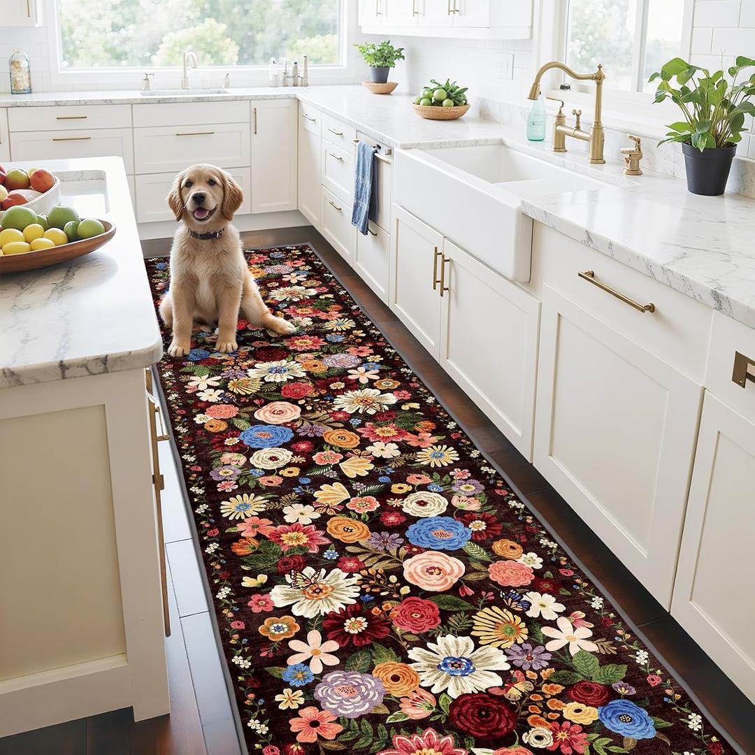 Floral Hallway Runner Black/Brown Carpet Non-Slip, 2x10 Washable Rug Ultra-Thin Soft for Hallways, Kitchen Mat Stain Resistant for Entryway Bathroom