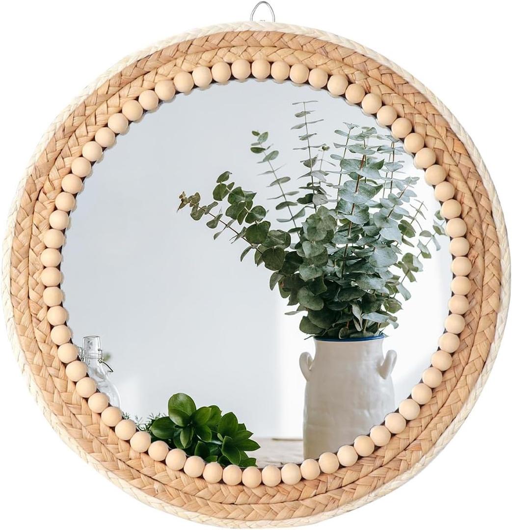 Boho Round Hanging Rattan Circle Nursery Mirror, Decorative Wall Decor for Farmhouse Bathroom Bedroom Living Room, Kids Girls Room, Foyer Home Wall Decor (15 inch)
