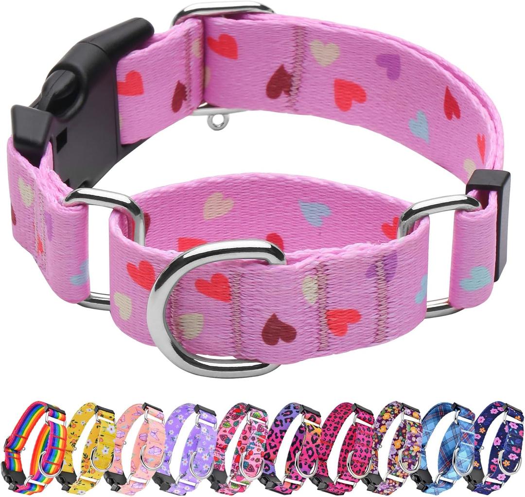 Hikiko Cute Pink Martingale Collar with Heart Design Soft Nylon Quick Release Buckle Dog Collars for Large Dogs (Fresh Love,Large)
