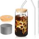 Glass Cup with Lid and Straw 1 Pcs, Glass Cups with Bamboo Lid for Iced Coffee, Smoothie, Beer, Cocktail, Whiskey, Soda-16 Oz Glass Tumbler with 1 Straw, 1 Brush, Grey