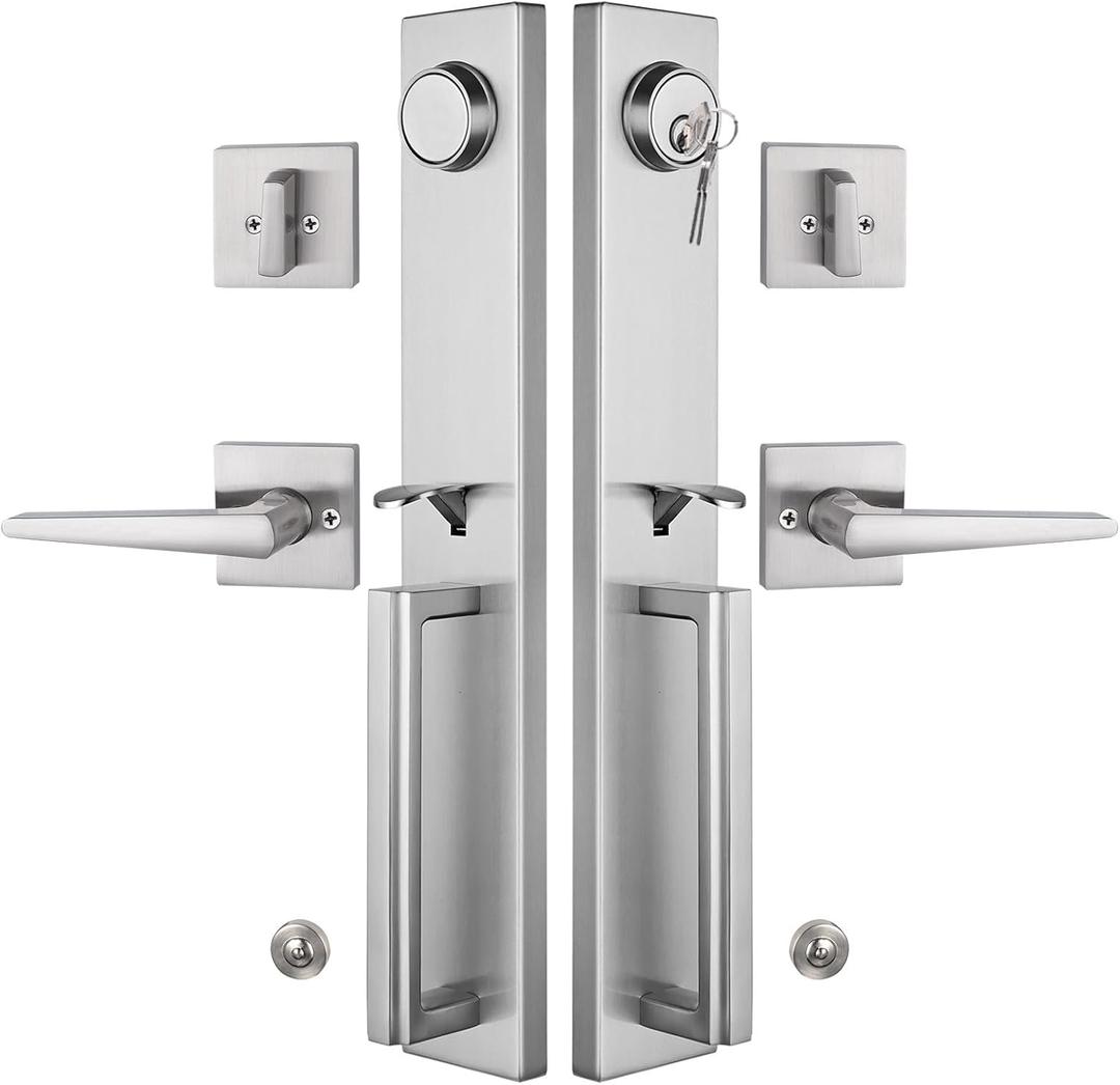 NEWBANG Brushed Nickel Double Door Handle Set,(Keyed and Dummy Set),MDHST2016SN-SET-BR-1