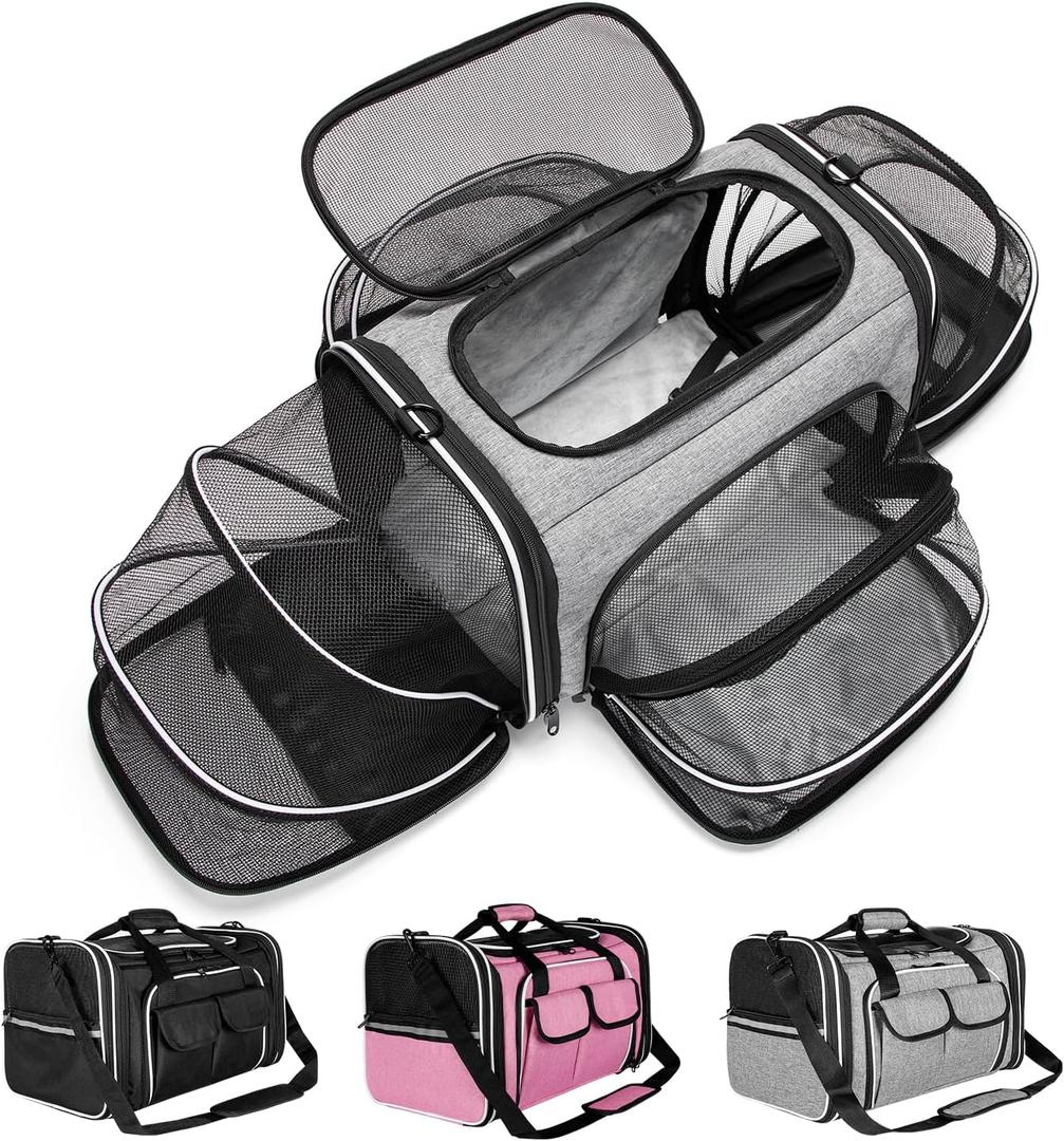 Estarer Soft Sided Pet Carrier Airline Approved, 4 Sides Expandable Collapsible Cat Carrier with Pockets & Removable Fleece Pad, Travel Carrier Bag for Cat Dog & Small Animals (Grey)