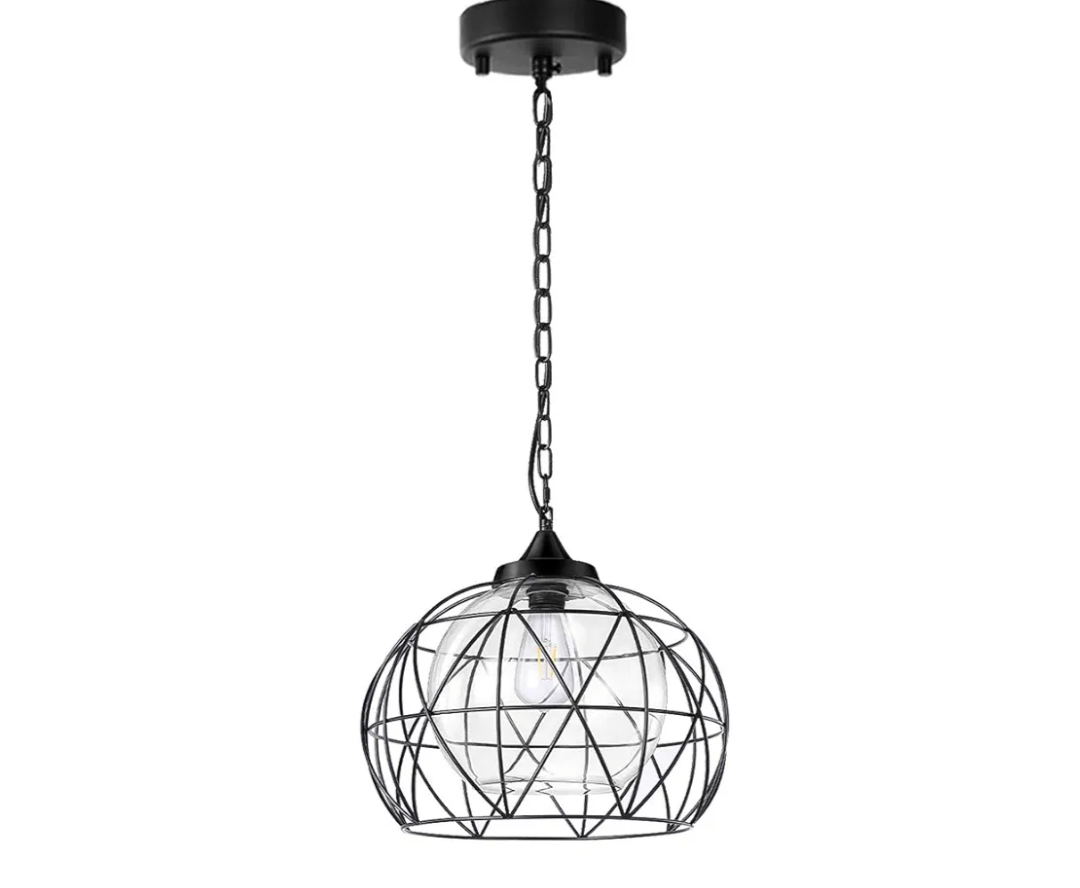 Wellmet 1-Light Hanging Lights,14.5 Inch Outdoor Chandelier Black Cage Pendant Lighting with Glass Shades, Porch Gazebo Barn Light Fixture Perfect for Dining Room, Bar, Aisle, Hallway, Entryway, Foyer