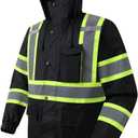 JKSafety Hi-Vis Reflective Safety Rain Jacket for Men Women Waterproof Rain Gears for Farming Fishing Work HV Rain Jacket with Inner Mesh Lining and Pockets (117A-Black XL)