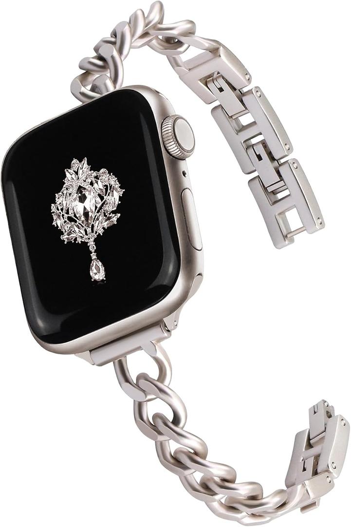 Slim Starlight Band for Women Feminine Elegant Compatible with Apple Watch 38mm 40mm 41mm 42mm (S10) Adjustable Metal Strap Dressy Chain Bracelet for iWatch Series 10/9/8/7/6/5/4/3/2/1/SE, Starlight 