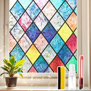 Window Privacy Film Stained Glass 29.5" x 78.7" Rainbow | Static cling – no glue, no residue. UV and heat blocking. Rainbow privacy for doors, windows, bathrs, with install tools