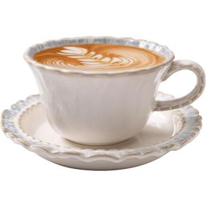 Vintage Porcelain Coffee Cup and Saucer Set, 12 OZ Ceramic Latte Mug - Farmhouse Cappuccino Cups for Espresso and Turkish Coffee, Artisan Tea Cups, Great Barista Gift for Home Cafe