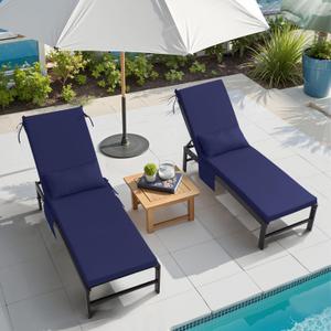 Outdoor Chaise Lounge Cushions with Head Pillow and Side Pockets, 3 Years Fade Resistant Water Resistant Lounge Chair Cushion, 72''L x 21''W, Set of 2, Navy