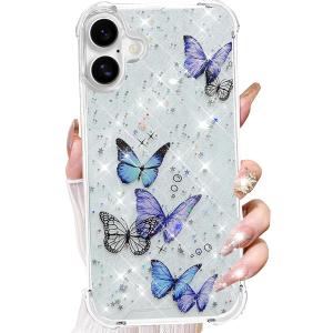 Changjia for iPhone 17 Clear Glitter Case,Cute Girly Butterfly Bling Sparkle Shiny Stars Soft TPU Silicone Four Corners Shockproof Slim Protective Phone Cover for Women Girls for iPhone 17 6.3",Purple