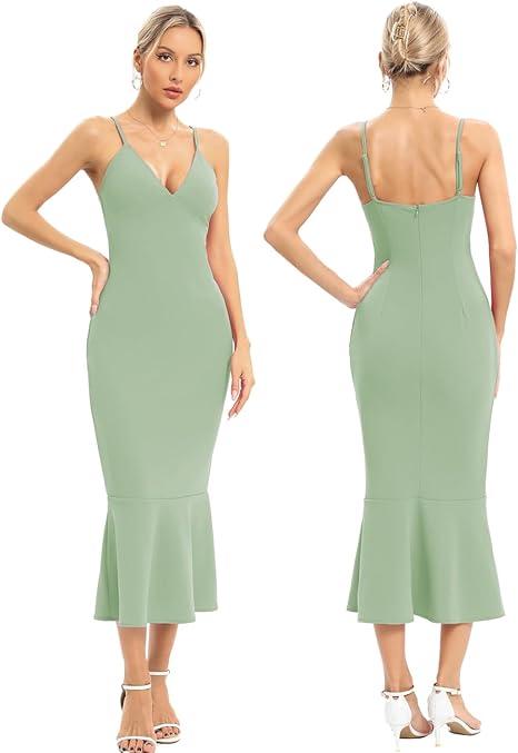JLCNCUE Women's Spaghetti Straps V Neck Bodycon Mermaid Dress Elegant Ruffles Midi Dress Cocktail Evening Party Dress 325 M