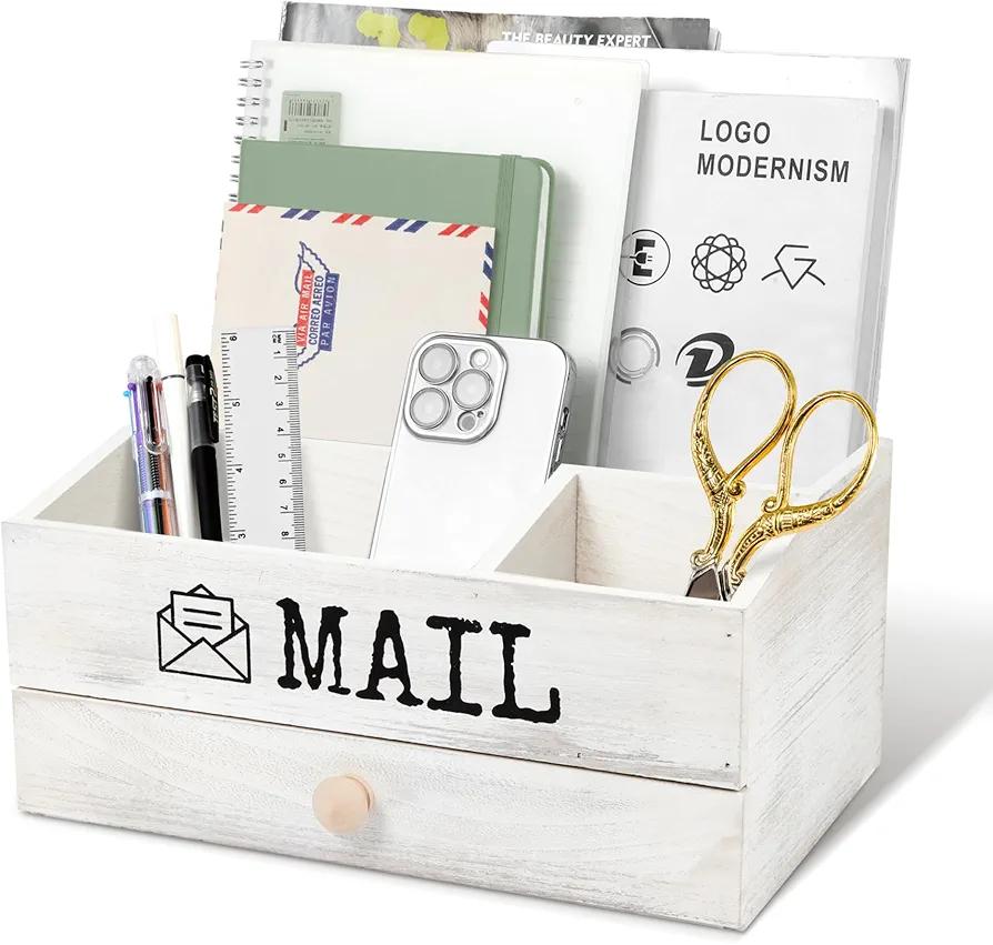| Mail Organizer for Countertop | Desk Organizer Storage with Drawer | Wooden Rustic White