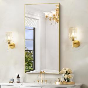 48x24In Gold Bathroom Mirror for Wall, Brushed Gold Rectangle Mirrors with Metal Frame, Bathroom Rectangular Mirror Modern Wall Mirror for Bedroom Living Room, Hangs Horizontal or Vertical