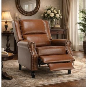 Leather Recliner Chair, Pushback Recliner Chair with Adjustable Backrest Footrest, Mid Modern Reclining with Overstuffed Arms Lumbar Support for Reading, Living Room, Yellow Brown