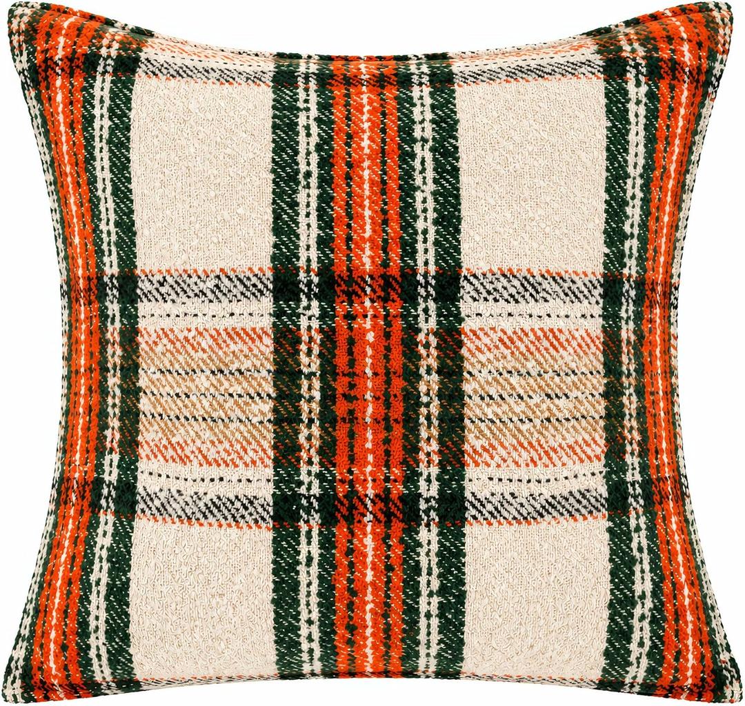 18x18 Tartan Plaid Pillow Covers Thick Red Green Premium Tweed Loop Yarn Christmas Throw Pillow Scottish Square Farmhouse Holiday Decorative Cushion Case for Home Living Room Couch Sofa