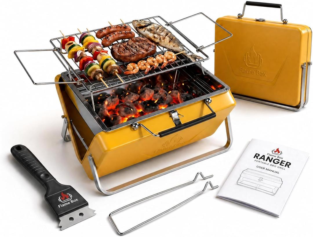 Ranger Portable Charcoal Grill – Compact Lunchbox‑Style Folding BBQ for Camping & Beach| Dual‑Zone Heating, Stainless Steel Body, 3-sec Setup, Includes Tong & Cleaning Brush, Serve 2-3 people