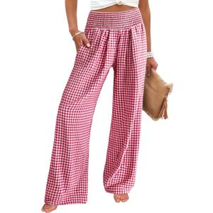 ANRABESS Womens Palazzo Pants, Striped & Gingham, Lounge & Casual, Cute Pajama Pants, Wide Leg, High Waisted, Pockets (X-Large, Red White Plaid)