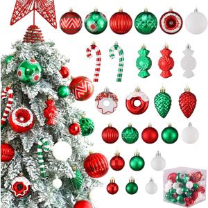 Christmas Tree Ornaments, 56PCS Red White Green Christmas Ornaments Shatterproof Multi Colored Plastic Hanging Balls for Xmas Decoration Holiday Party