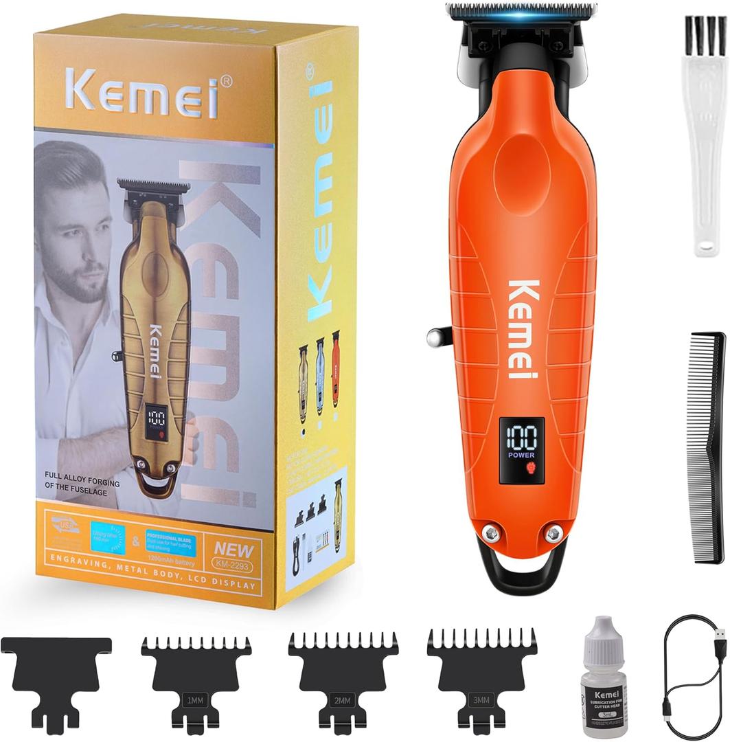 KEMEI 2293 Zero Gapped Hair Trimmer for Men, Cordless T Blade Beard Trimmer with LED Display, Professional Barber Hair Clippers, Orange