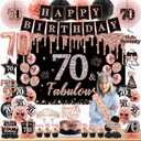 70th Birthday Decorations for Women, Rose Gold 70th Birthday Decorations, Happy 70th Birthday Banner, Balloons, Hanging Swirls, Cake Topper, Backdrop, Crown, Sash, Paper Fans, for 70 Years Old Birthday Decor